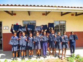 Grade six and the grade seven girls with the finished shorts b